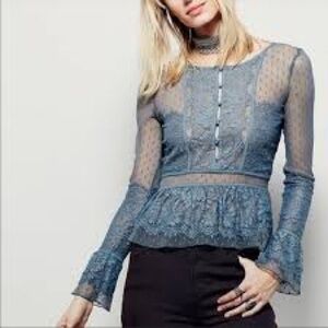 Free People Penelope lace peplum blouse top sheer Swiss dot blue
